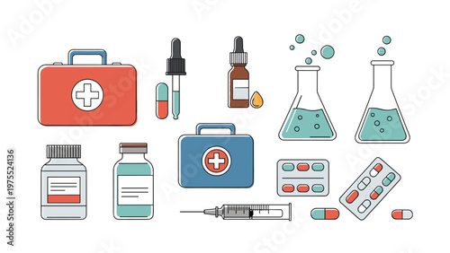 Collection of medical icons including first aid kits medicine bottles pills and laboratory glassware in flat style.