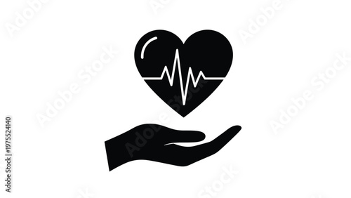 Black icon of a hand supporting a heart with a heartbeat pulse line representing healthcare or life insurance.