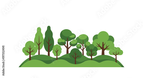 Group of various green trees standing together on several layered rolling hills against a plain white background.
