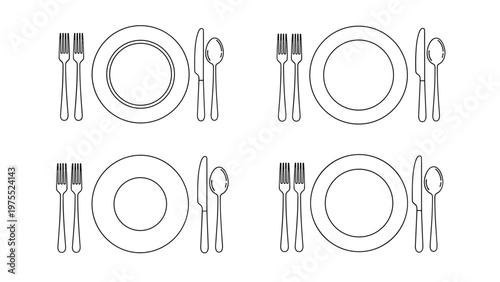 Four sets of dining table place settings including plates forks knives and spoons in a simple outline style.