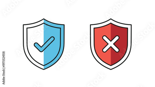 Pair of safety shields with a blue checkmark for approval and a red cross for rejection on white background.