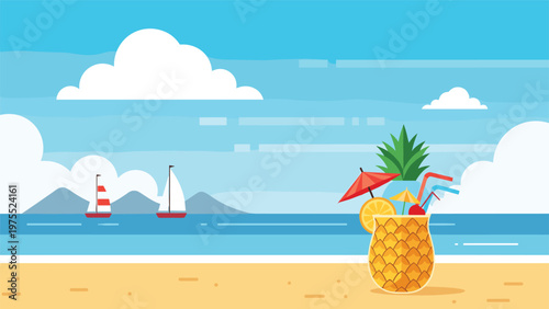 Scenic beach view featuring a pineapple cocktail on the sand with sailboats on the ocean under a blue sky.