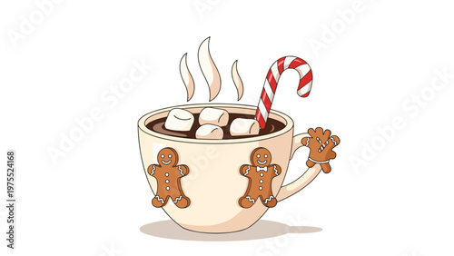Cup of hot chocolate with marshmallows and a candy cane decorated with cute gingerbread men for christmas time.
