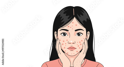 Young woman with black hair touching her cheeks while looking concerned about the red acne spots and pimples on her face.