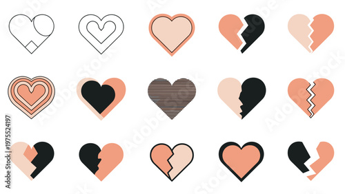 Collection of fifteen diverse heart icons including broken divided and solid styles in black and peach colors.