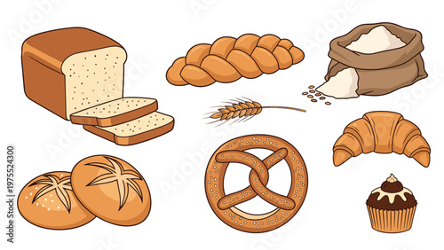 Assorted collection of freshly baked bread and pastry items including a loaf, croissant, pretzel, buns, and a bag of flour.