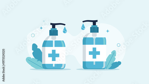 Illustration of two different sized bottles of liquid hand sanitizer with pump dispensers and medical cross symbols.