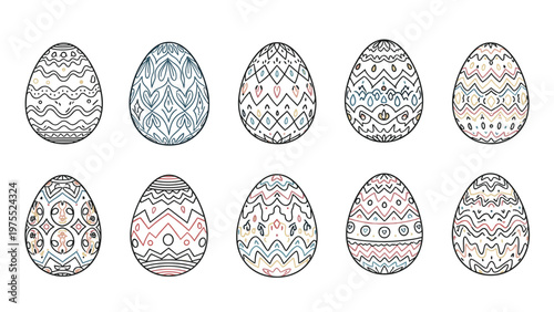 Collection of ten beautifully decorated easter eggs featuring intricate line patterns and subtle color accents on white.