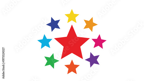Vibrant circle of nine small multicolored stars surrounding one large red star in the center against a white background.