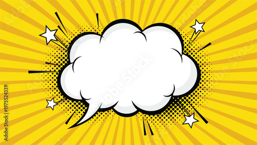 Dynamic white speech bubble with star shapes and black halftone dots on a vibrant yellow sunburst background in pop art style.