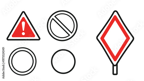 Set of road traffic sign icons including a red warning triangle, prohibition circle, and a diamond shaped priority sign.