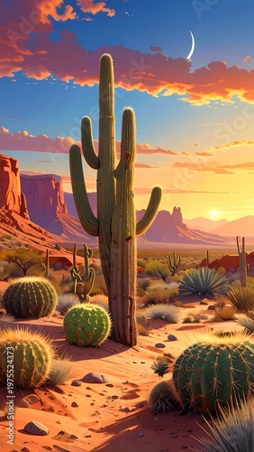 Desert landscape with cactus at sunset