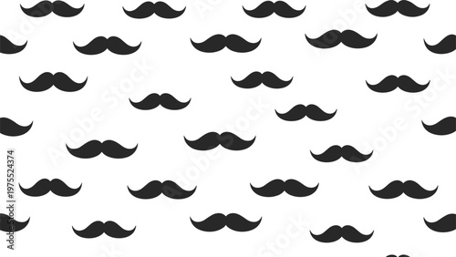 Playful repeated pattern of various black mustaches on a white background suitable for wallpaper or fashion textiles.