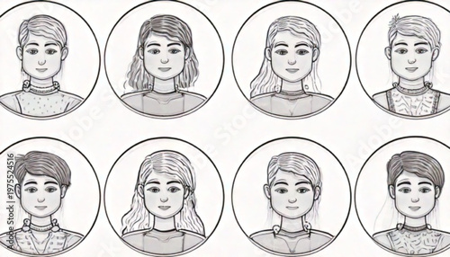 Portraits of diverse individuals in circular frames, artistic illustration.