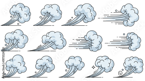 Diverse collection of comic wind and smoke effect puffs showing different shapes of motion and speed energy for dynamic illustrations.