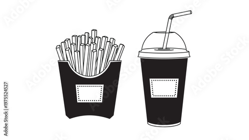 Simple black and white illustration of a fast food combo including french fries in a box and a soda cup with a straw for takeout menus.