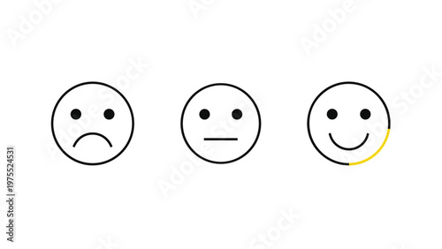 Set of three simple emoticons representing sad neutral and happy expressions with a progress bar on the smile for customer feedback.