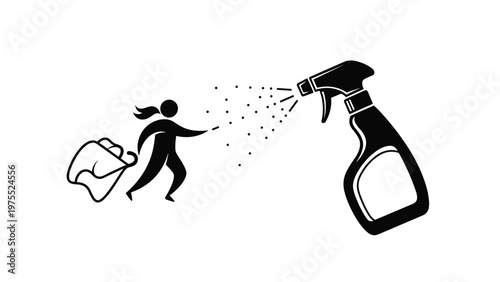 Silhouette illustration showing a person using a spray bottle to disinfect and clean a surface for hygiene and sanitation concepts.