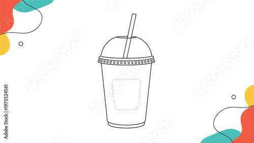 Line art drawing of a takeaway soda cup with a straw against a background of colorful abstract organic shapes for graphic design.
