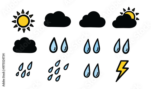 Weather icons set illustrating sun clouds rain and lightning against black background