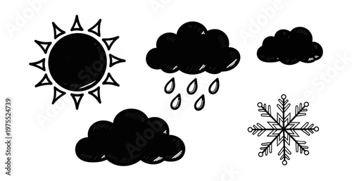 Weather icons set sun clouds rain and snowflake symbols