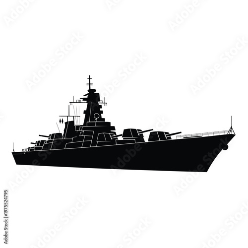A black silhouette of a warship on a white background