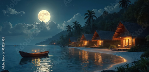 Tropical island cabins glow under full moon by calm ocean water. Small boat with candles floats near sandy beach. Palm trees line lush tropical hill.