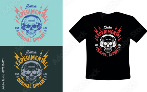 T shirt design with skull wearing headphones and Experimental Original Apparel logo