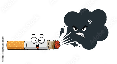 Surprised cartoon cigarette character being blown back by an angry dark grey smoke cloud with a lightning bolt.