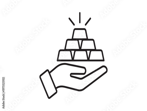 A hand holding a stack of gold bars with sparkling highlights line art icon