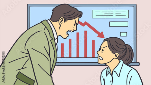 Vector illustration of manager yelling at employee with charts. Workplace harassment, toxic boss, job stress, corporate pressure, performance anxiety, and conflict concept.