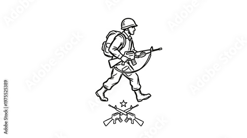 Soldier Marching with Rifle and Military Emblem