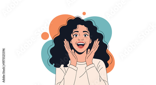 Young woman with curly dark hair expresses extreme surprise and excitement with her hands touching her face against a colorful background.