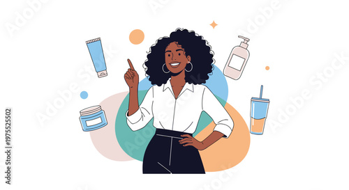 African american woman in a white shirt points upward with various skincare and beauty products floating in the colorful abstract background.