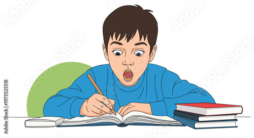 Young boy in a blue sweater shows a shocked expression while writing in an open book with a pencil at a desk during his homework session.