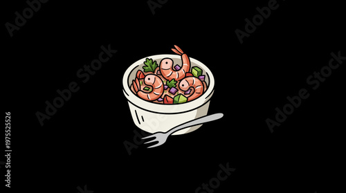 Shrimp Ceviche in a White Bowl with Fork on Black