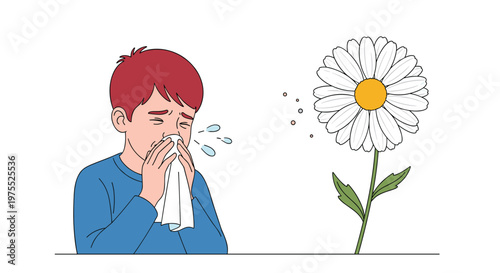 Young boy in a blue shirt sneezes into a white tissue while standing next to a large white daisy flower that causes a seasonal allergy.