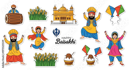 Happy Baisakhi illustrations showcase the vibrant Punjabi harvest festival, featuring dancers, kites, and the Golden Temple, all set against a clean white background with a vector design