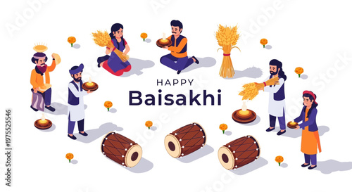 Isometric vector art shows a Happy Baisakhi celebration with people in traditional dress performing Punjabi folk dance Bhangra, tossing wheat stalks, and playing drums, set against a clean