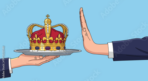 Person in a dark suit refuses a golden crown presented on a silver platter by holding up their hand in a clear stop gesture of rejection.