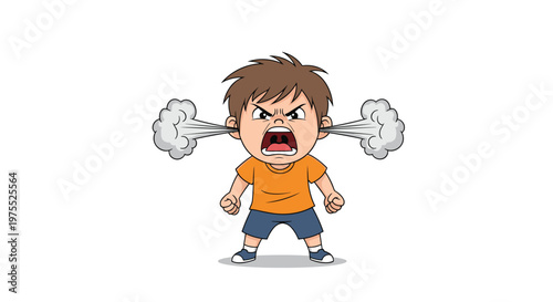 Angry little boy in an orange t-shirt screams in rage with white steam puffing out of his ears against a plain white background for emphasis.