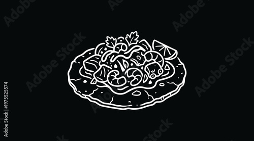Mexican Ceviche Tostada White Line Art on Black