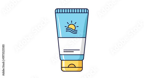 Blue and white tube of sunscreen lotion with a sun and wave icon to represent sun protection and skincare during summer.
