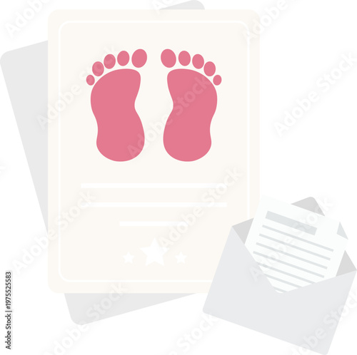 Pink Baby Footprint Birth Announcement Vector with Envelope and Minimalist Greeting Card
