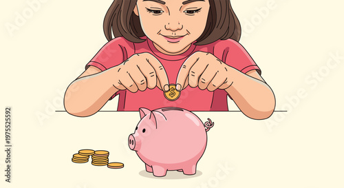 Young girl with dark hair carefully inserts a gold coin into a pink piggy bank on a white table with more coins nearby for her savings.