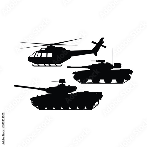 A black silhouette of military vehicles on a white background