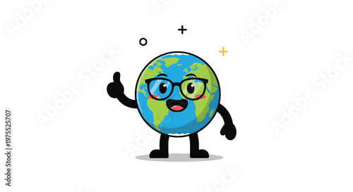 Happy earth globe character wearing black glasses smiles and gives a thumbs up to promote environmental awareness on a clean white background.