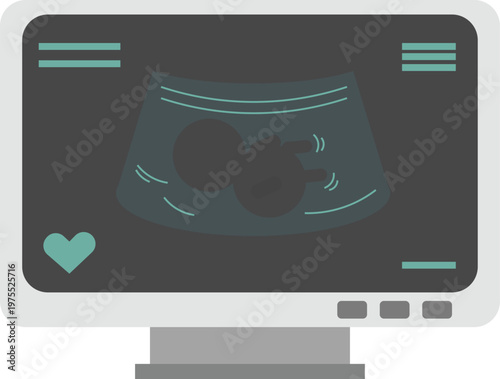 Vector illustration of a medical ultrasound monitor displaying a baby fetus silhouette, features a dark screen with teal accents, including a sonar wave graphic and data interface lines.