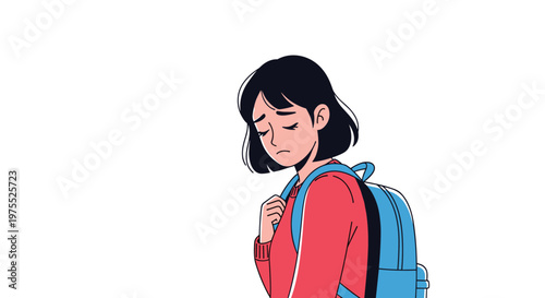 Young girl with short dark hair and a red sweater looks down sadly while carrying a blue backpack on her shoulder against a white background.