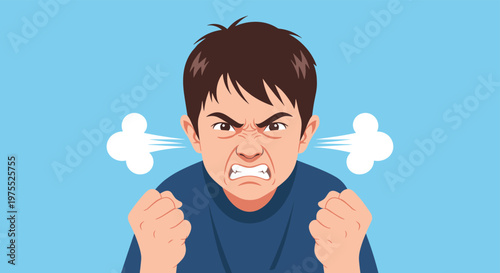Furious young man with an angry expression clenches his fists while white steam clouds puff out from his ears against a blue background.